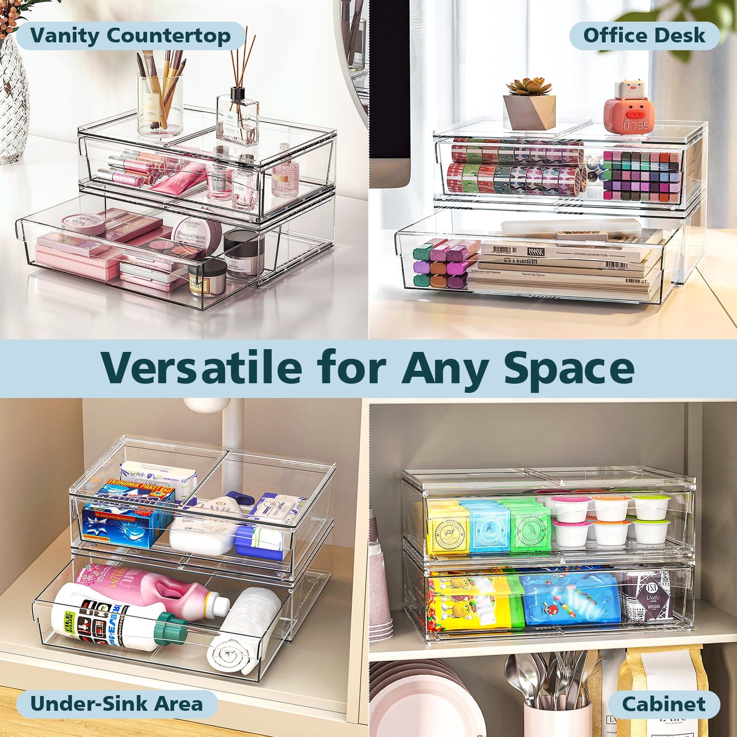 Delamu 12.2''W Stackable Storage Drawers, Clear Acrylic Drawer Modular Bathroom Organizers, 2pcs