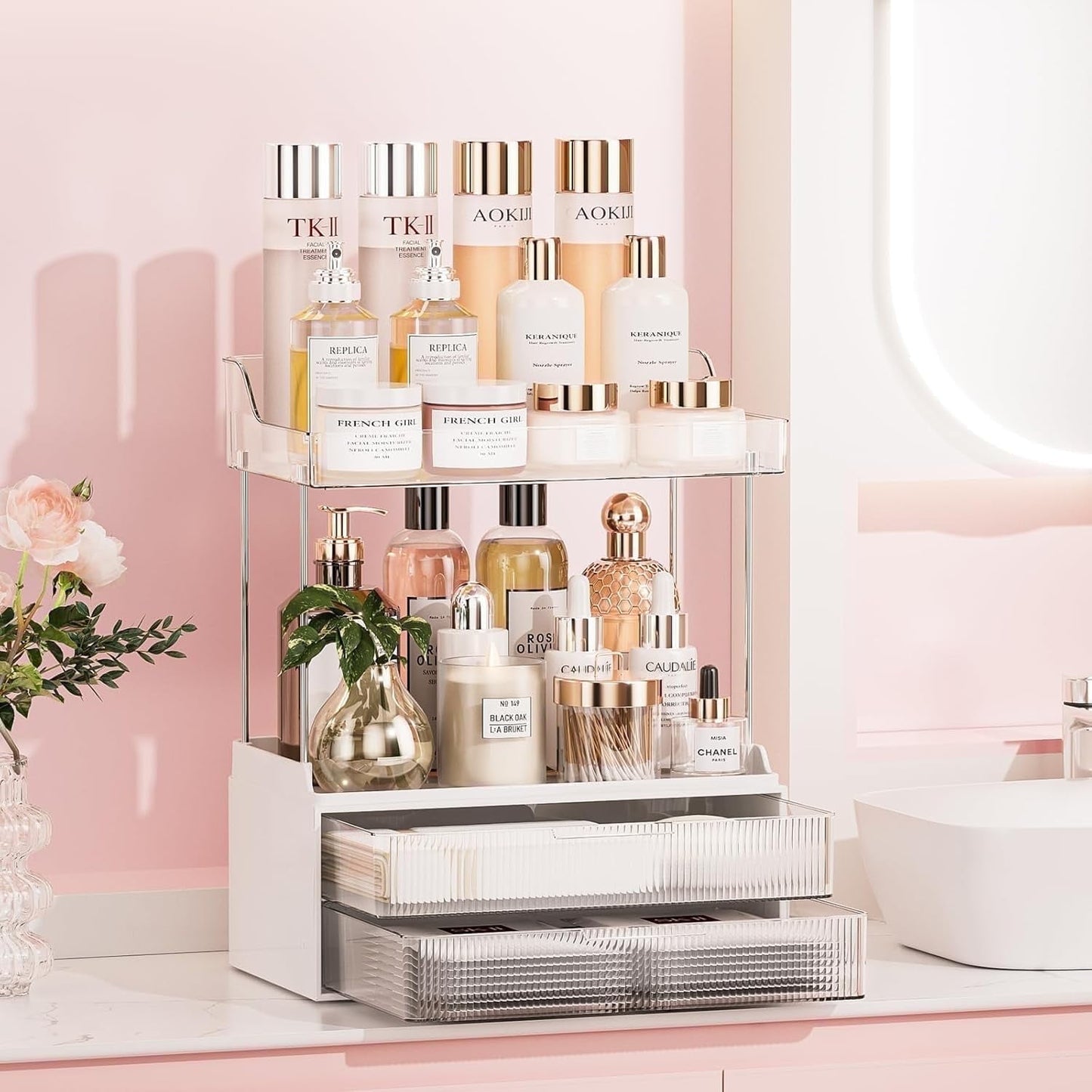 Bathroom Counter Organizer With Drawer, Delamu Makeup Organizer, Vanity Organizer, Clear,Skin Care Stroage