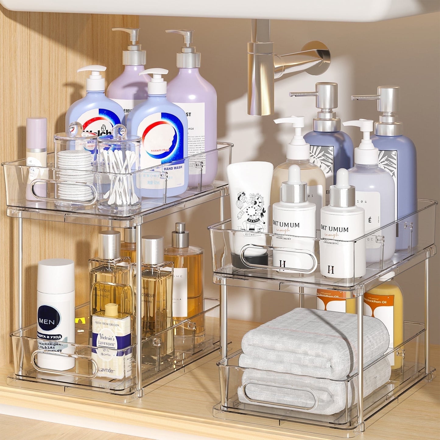 2 Tier Bathroom Storage Organizer, Delamu 2 Pack Clear Under Sink Organizers Vanity Countertop Storage, Sliding Cabinet Organizer, Pull-Out Organization for Pantry, Kitchen