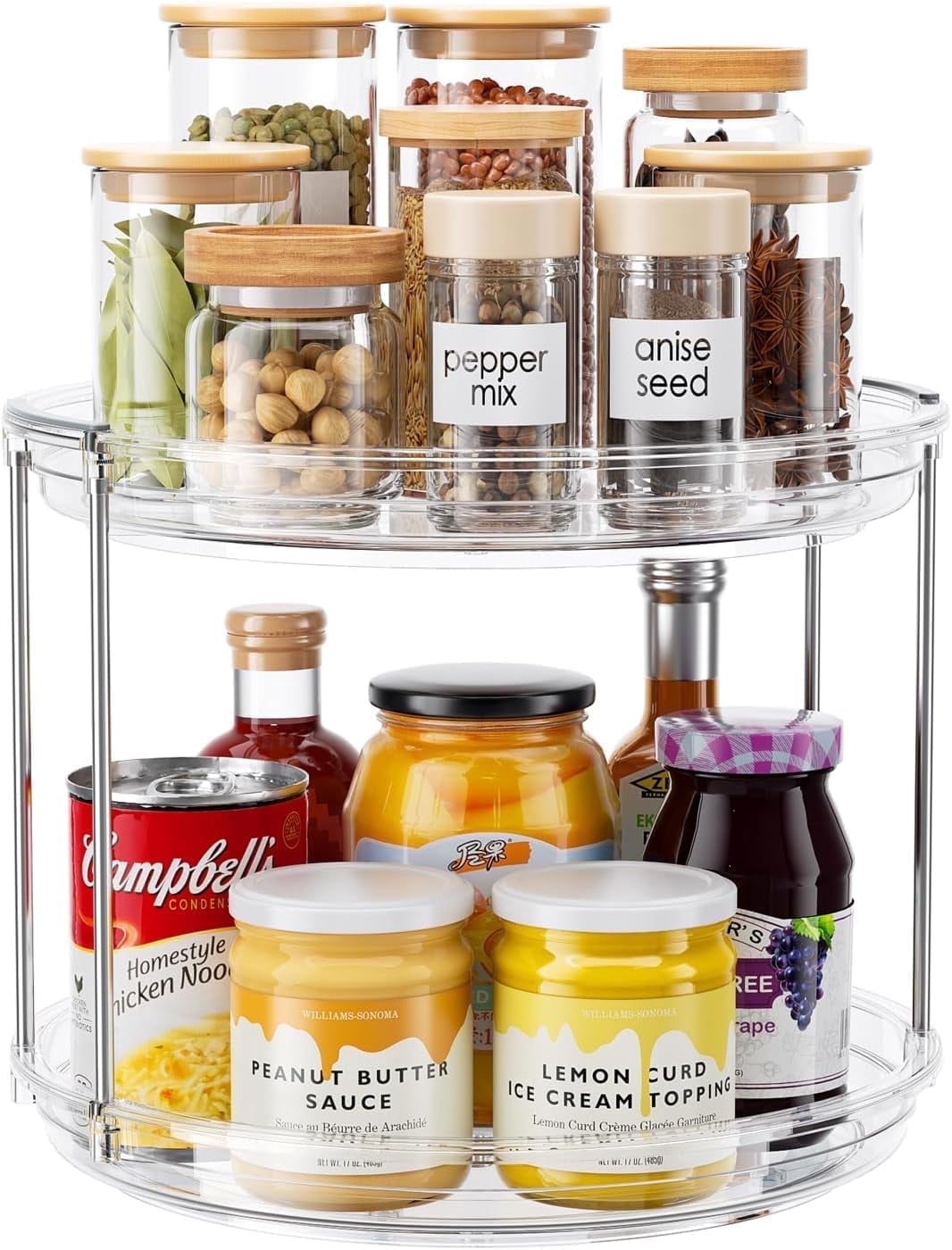 2 Tier Lazy Susan Turntable Organizer 9.25'' for Cabinet, Pantry, Bathroom, Plastic, Delamu Stackable Turntable Organizer Rotating Spice Rack