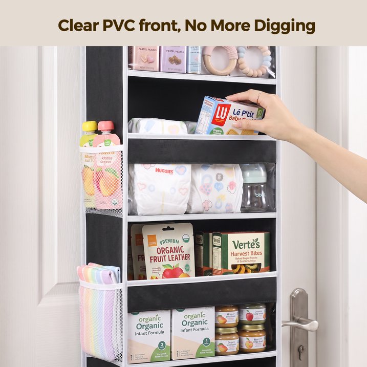 1 Pack 5 Tier Over The Door Organizer, Hanging Storage Organizer with Clear PVC Window, 40lb Large Capacity Room Organizer for Pantry Laundry Bathroom Nursery Closet Essential, Black