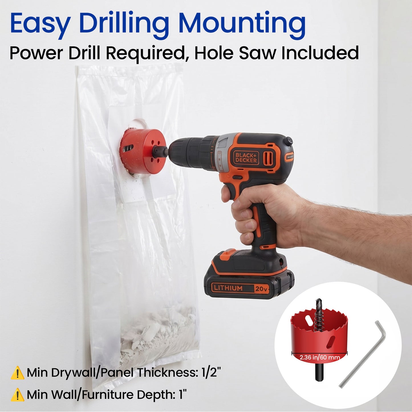 LazySpin TV Cord Hider for Wall Mounted TV, 2-3/8" Diameter White Cable Management Kit, Drywall Hole Saw Attachment