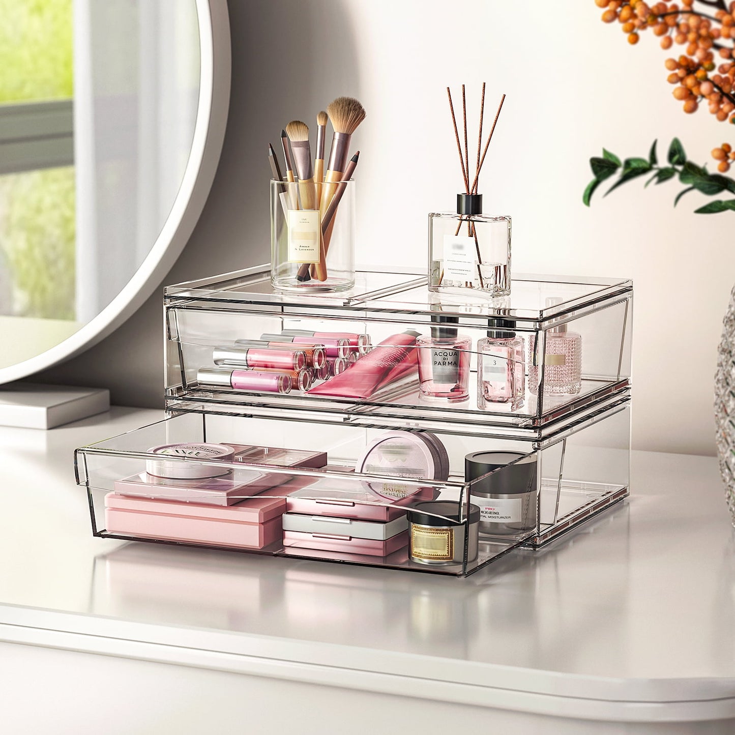 Delamu 12.2''W Stackable Storage Drawers, Clear Acrylic Drawer Modular Bathroom Organizers, 2pcs