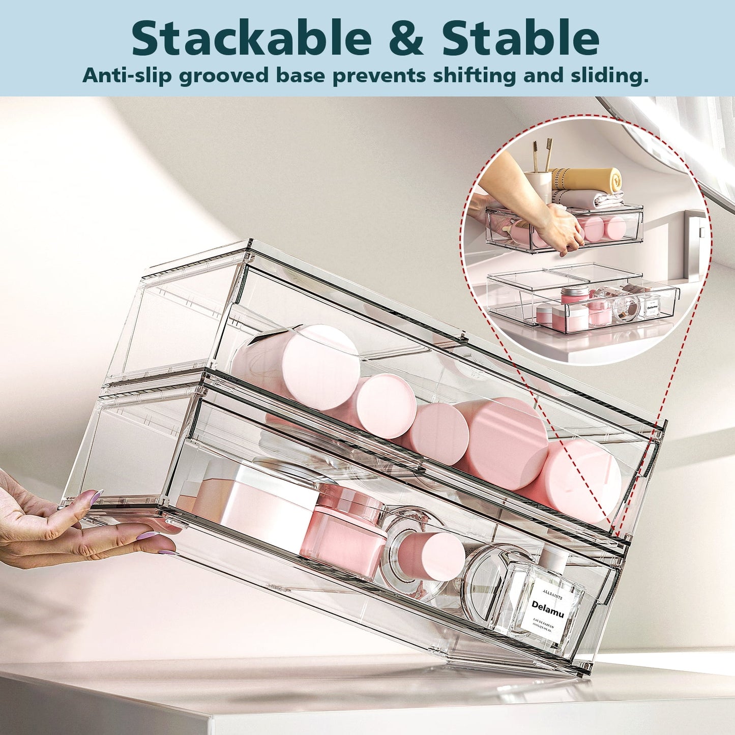 Delamu 12.2''W Stackable Storage Drawers, Clear Acrylic Drawer Modular Bathroom Organizers, 2pcs