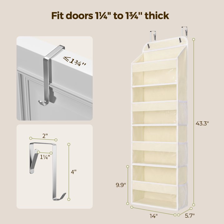 4 Tier Over The Door Organizer, LazySpin Bathroom Door Organizer Hanging with Clear PVC Window for Laundry Nursery Closet Essential, Off-white