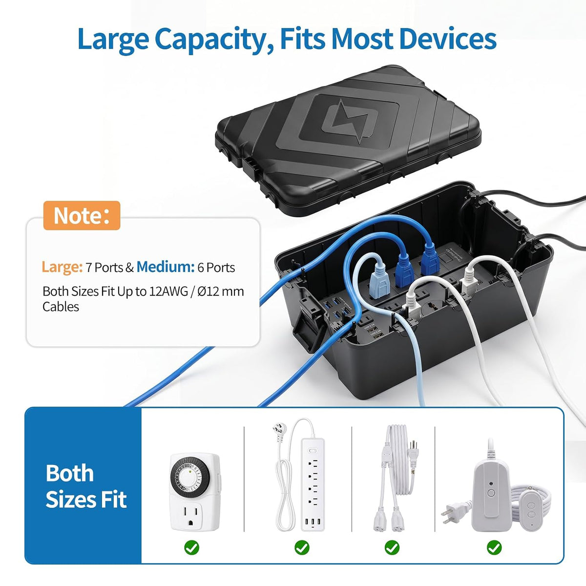 LazySpin 2 Pack (L+M) Outdoor Electrical Box Rectangle for Outdoor Plug, Waterproof IP54, Black