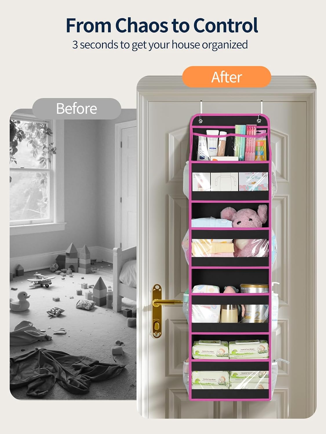 LazySpin 4-Tier Over the Door Organizer, Swing-Proof Behind the Door Storage, Black and Pink