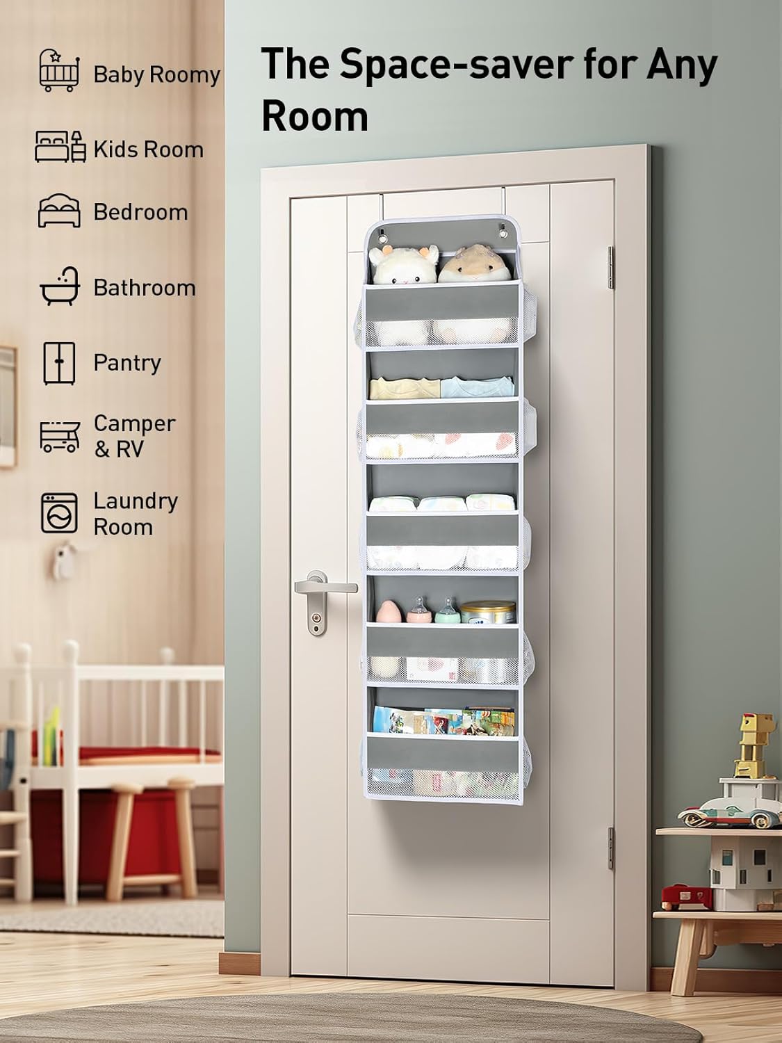 LazySpin 2 Pc Over The Door Organizer with 5 Bins 10 Side Pockets, Gray