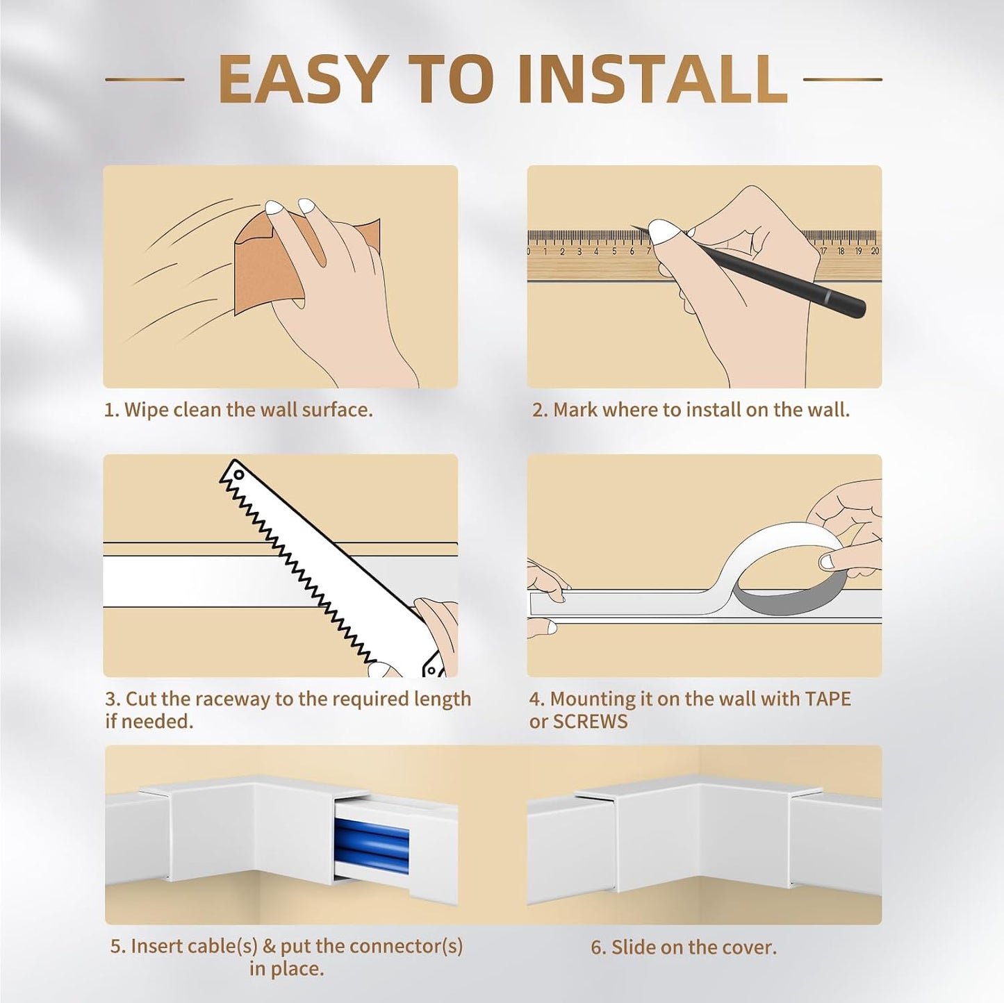 LazySpin TV Cord Hider for Wall, 142in Cable Cover for 3‑4 Wires, 1.18" W x 0.67" H, White
