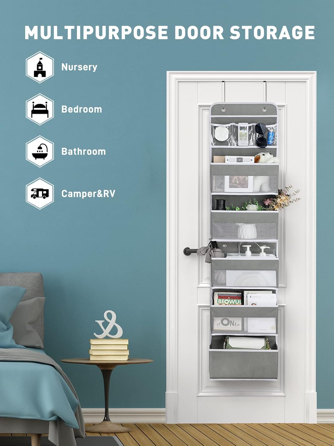 LazySpin 6-Tier Over the Door Storage Organizer, Flexible 1 Split into 2 Swing-proof Hanging Storage, Gray