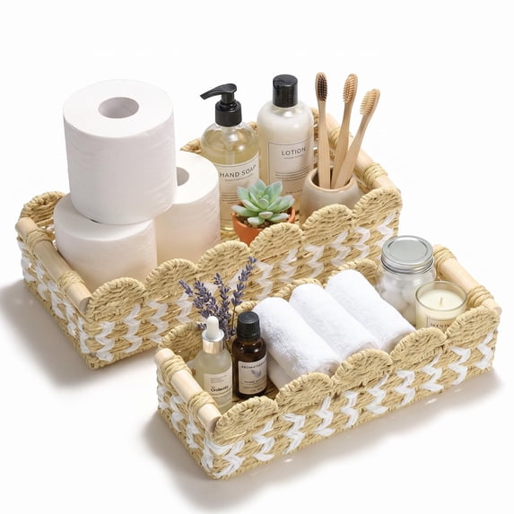 DELAMU Toilet Paper Storage Basket with Wooden Handles, Scalloped Paper Rope Woven Bathroom Organizer,Decorative Storage Bins for Countertop Toilet Tank Top, Small and Large(2pack)