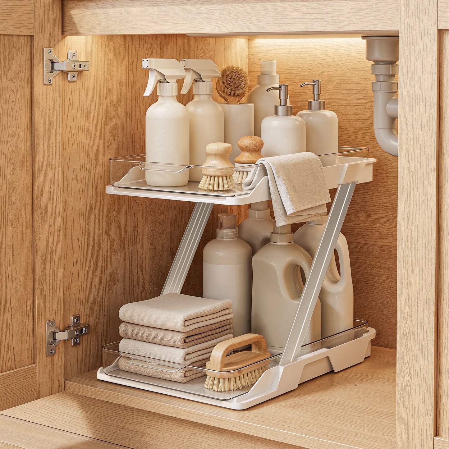Delamu 1 Pack Under Sinks Organizers and Storage, Multi-Purpose, 2-Tier Clear Pull Out Organization for Bathroom