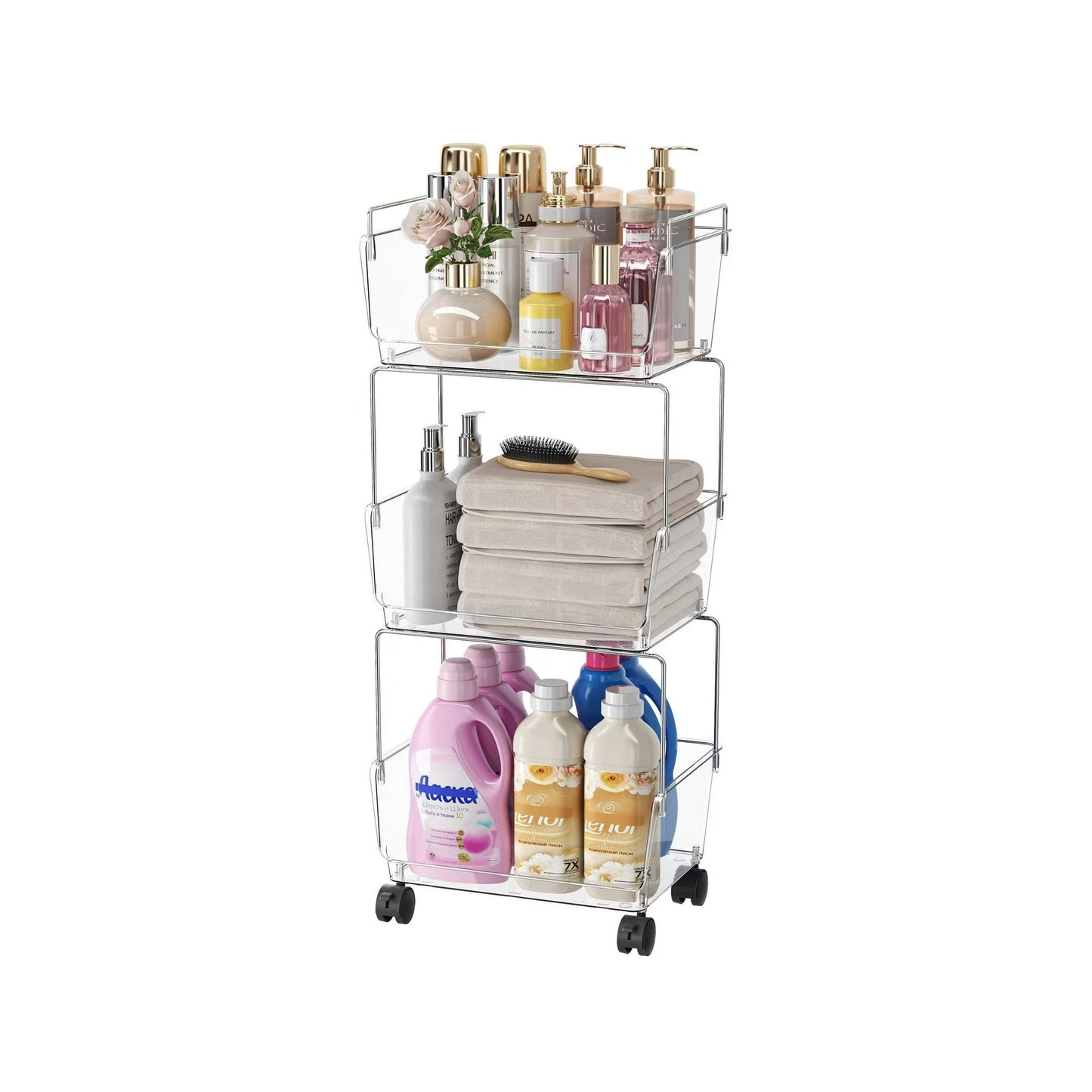 Delamu 3 Tier Rolling Utility Cart Organizer with Removable Drawer, Mobile Storage Carts with 2 Lockable Wheels for Bathroom, Kitchen, Snack, Craft, Makeup, Beauty Essentials, Clear