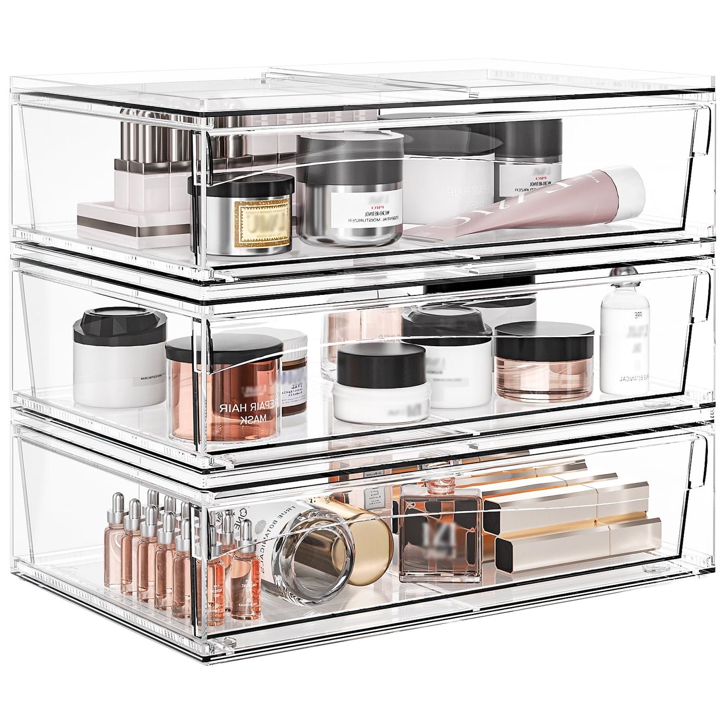Delamu 12.2''W Stackable Storage Drawers, Clear Acrylic Drawer Modular Bathroom Organizers, 3pcs, Clear