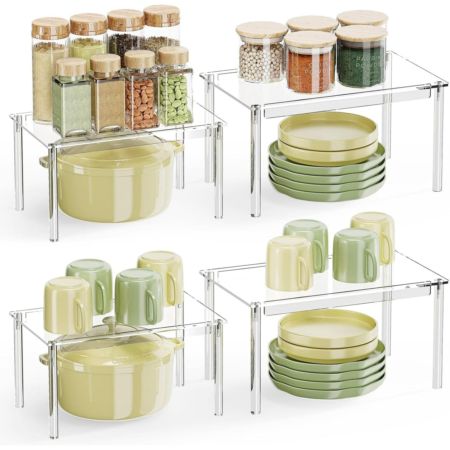 Delamu 2-Tier 4 Pack Spice Rack, Acrylic Seasoning Condiments Organizer for Cabinet, Clear Spice Shelf, S&L
