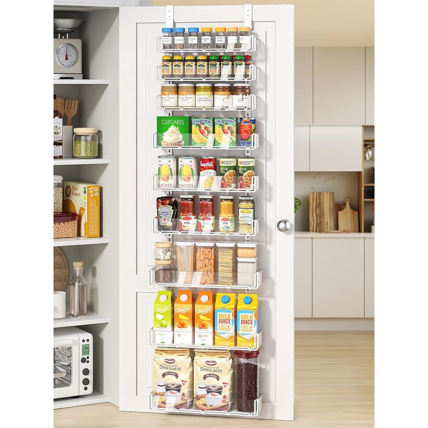 Delamu Over The Door Pantry Organizer, 9-Tier Pantry Organizers and Storage with Adjustable Baskets, Metal Hanging Spice Rack for Home & Kitchen Essentials, Laundry Room Bathroom Organization, White