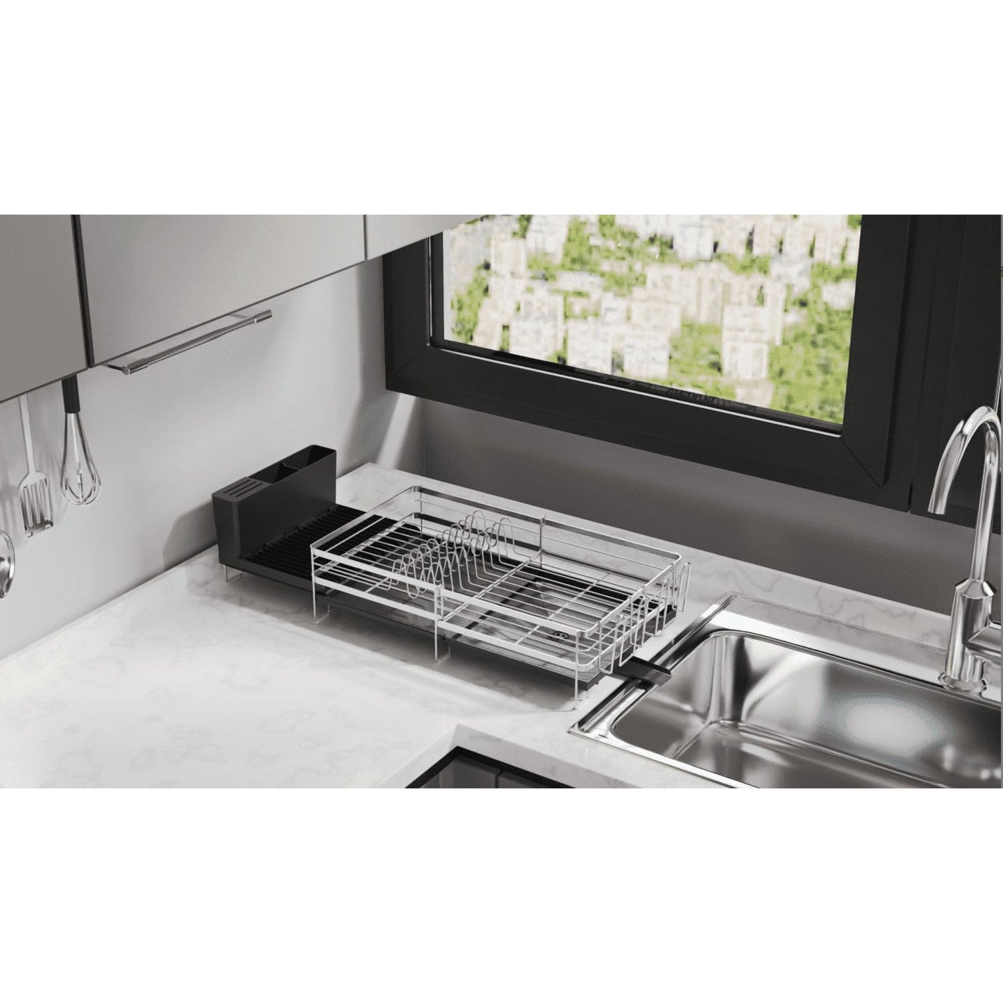 Delamu Extendable Dish Rack Kitchen Drainer Set with Utensil & Cup Holders, Black