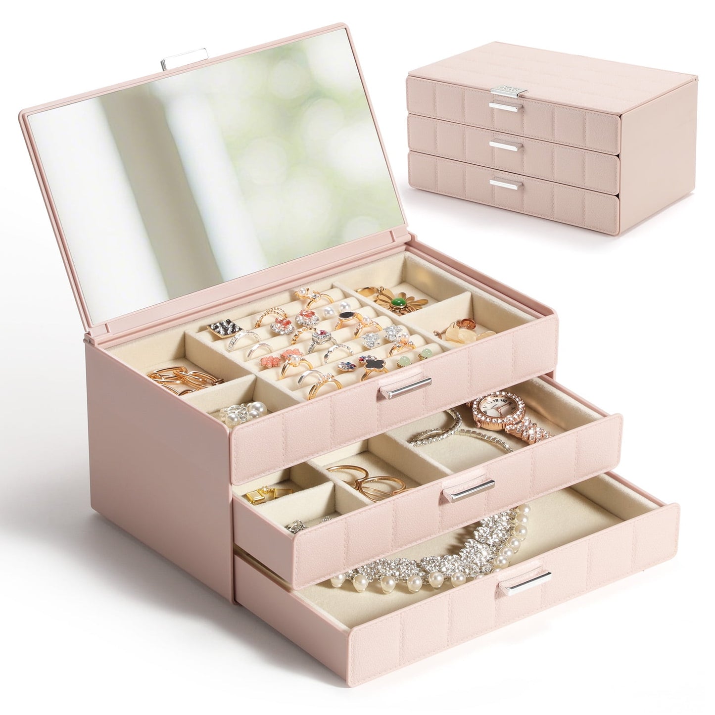Mirror Jewelry Box with Drawer, Delamu Jewelry Organizers and Storage, Pink