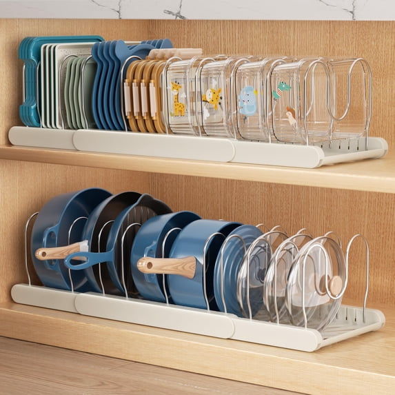 Delamu Pot and Pan Organizer with 10 Adjustable Shelves, 2pack Expandable Multifunctional Pots and Pans Rack for Kitchen Cabinets, Pot Rack Lid Holder