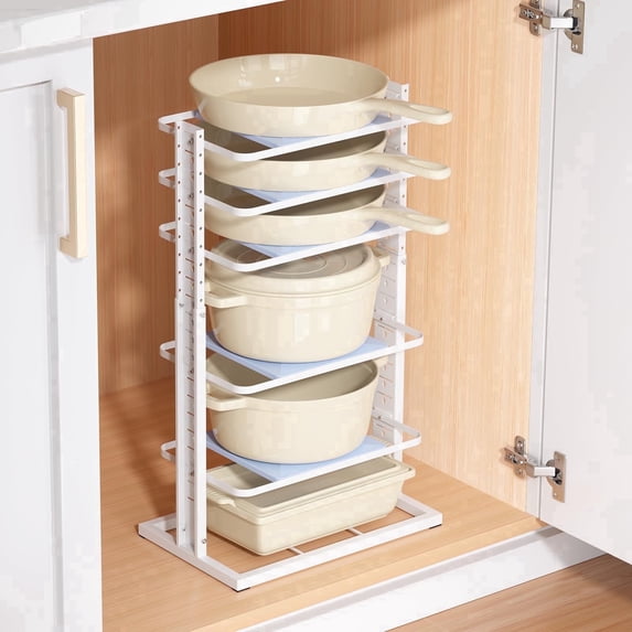 Delamu Pots and Pans Organizer for under Cabinet,6-Tier Heavy Duty Adjustable Pan Pot Organizers inside Cabinet, Pot Rack for Kitchen Cabinet Organization and Storage, White
