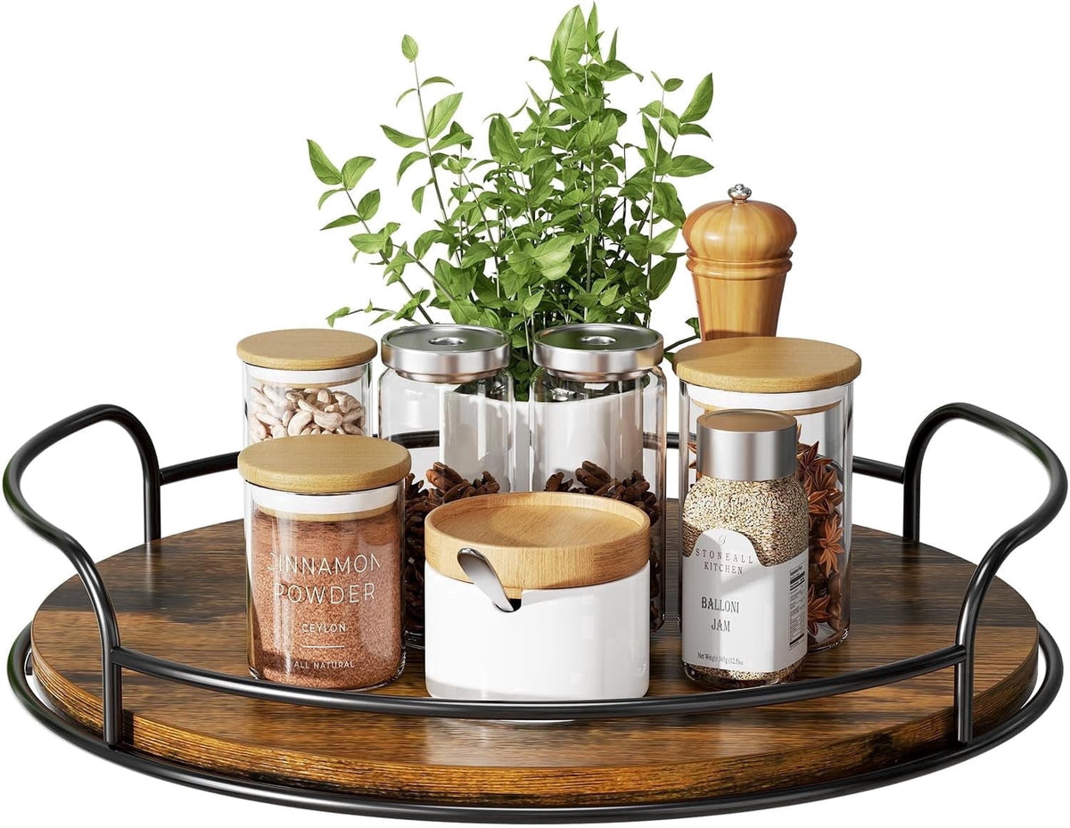 LAMU 1 Pack Wooden Lazy Susan Turntable Storage, 12 inch Bamboo Lazy Susan Cabinet, Dining Table, Storage Room, Countertop, Cabinet, Kitchen Organization