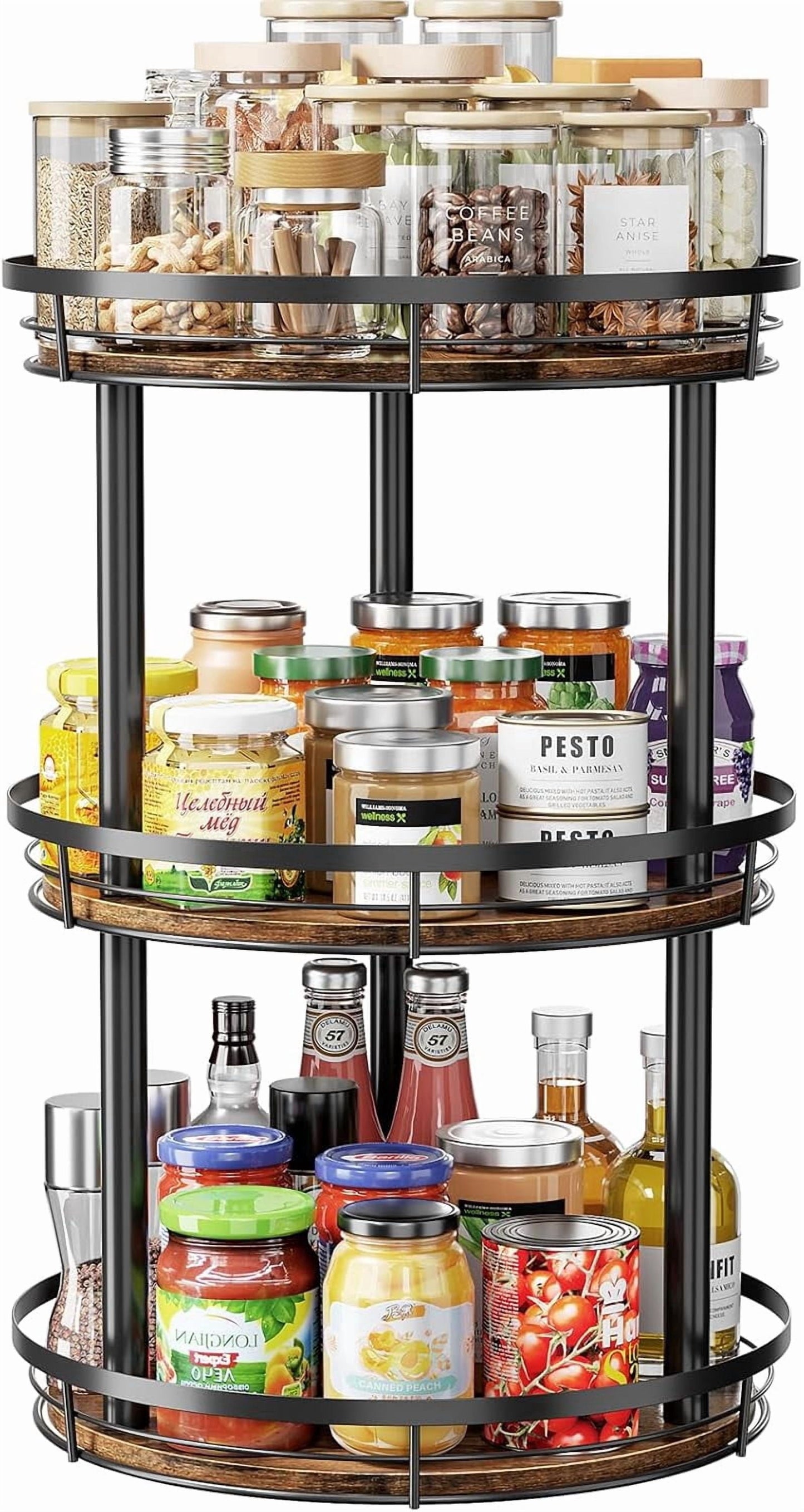 LAMU 12" Lazy Susans Turntable Organizer 3-Tier for Cabinet Pantry Kitchen Countertop Refrigerator Cupboard, Carbonized Wood Black