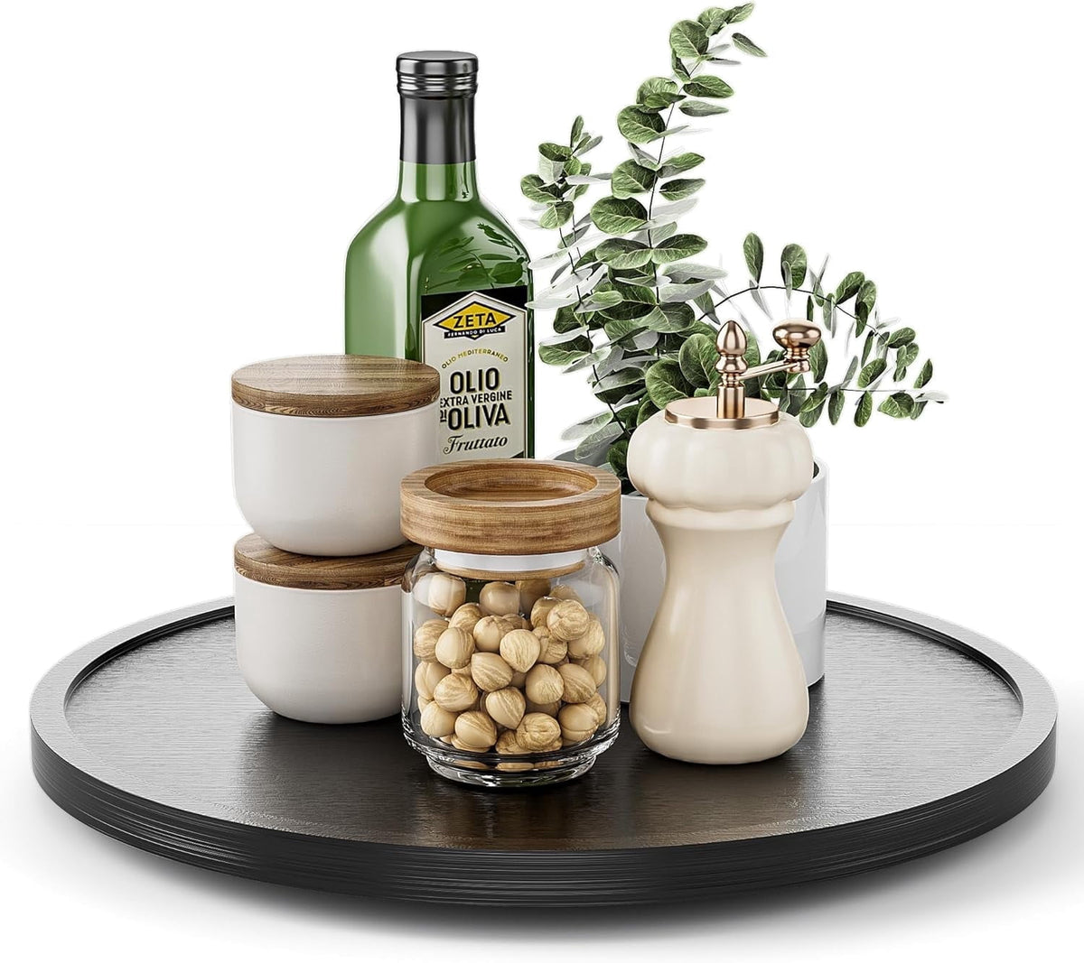 LAMU 12' Wood Lazy Susan Organizer Turntable for Cabinet, Lazy Susan Organizer for Kitchen Organization, Black