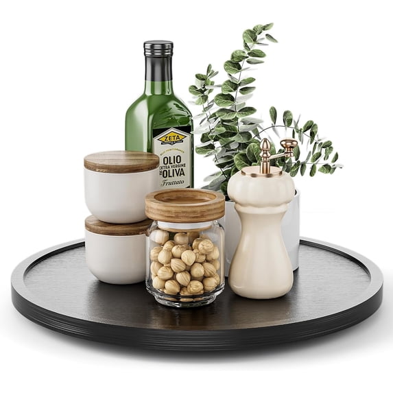 LAMU 12' Wood Lazy Susan Organizer Turntable for Cabinet, Lazy Susan Organizer for Kitchen Organization, Black