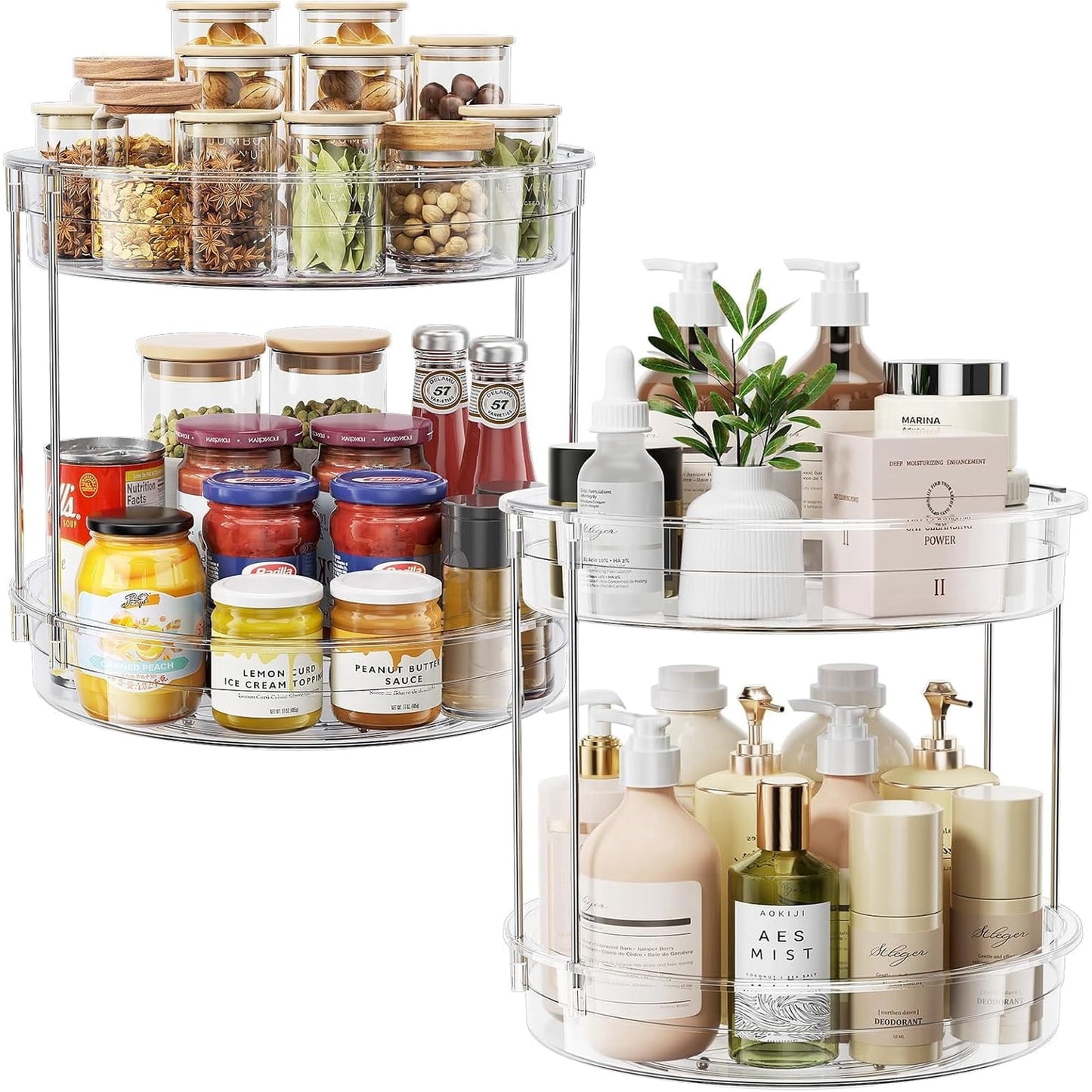 2 Pack 2 Tier Lazy Susan Turntable Organizer 12inch Rotating Spice Rack Organization for Cabinet, Kitchen, Pantry, Countertop, Bathroom, Vanity, Medicine Cabinet Organizer, Clear