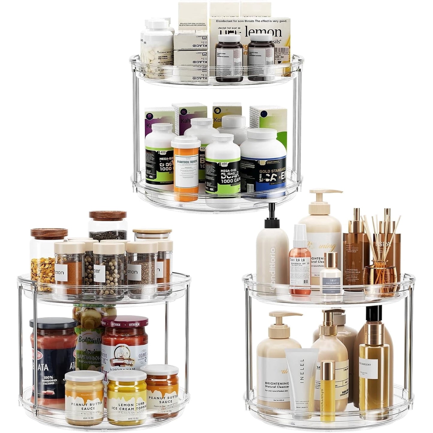 ROSSNY 3 Pack 9.25" 2-Tier Rotating Lazy Susan Turntable Cabinet Counter Organizer, Clear
