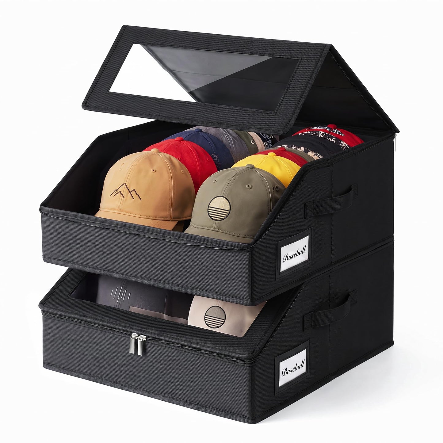 LAMU Hat Storage for Baseball Caps - 2PCS 2-in-1 Hat Organizer with Clear Window Lid Flip-Top Access, Space-Saving Hat Box for Closet, Black