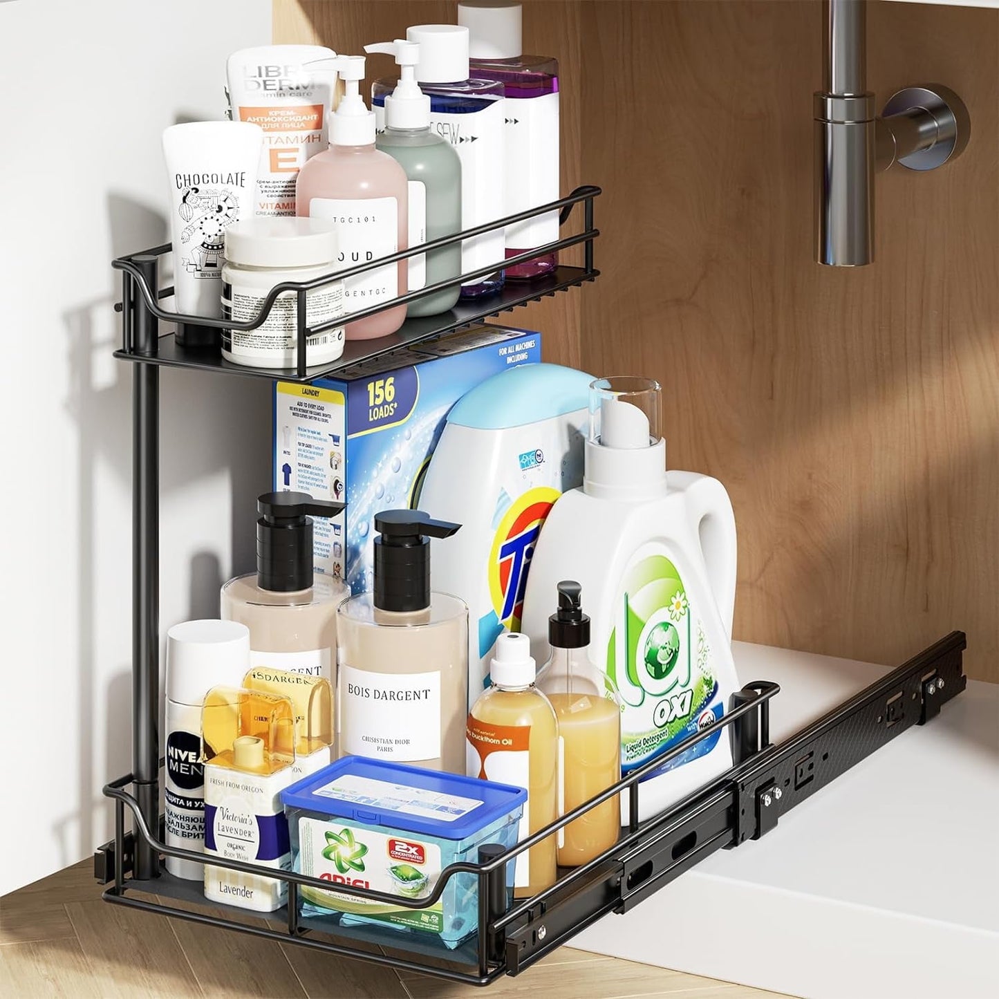 LAMU Larger Under Kitchen Sink Organizers and Storage, Metal Under Sink Organizer Bathroom Cabinet, Under Sink Storage and Organization, 13.4W x 16.9D x 15.7H inches