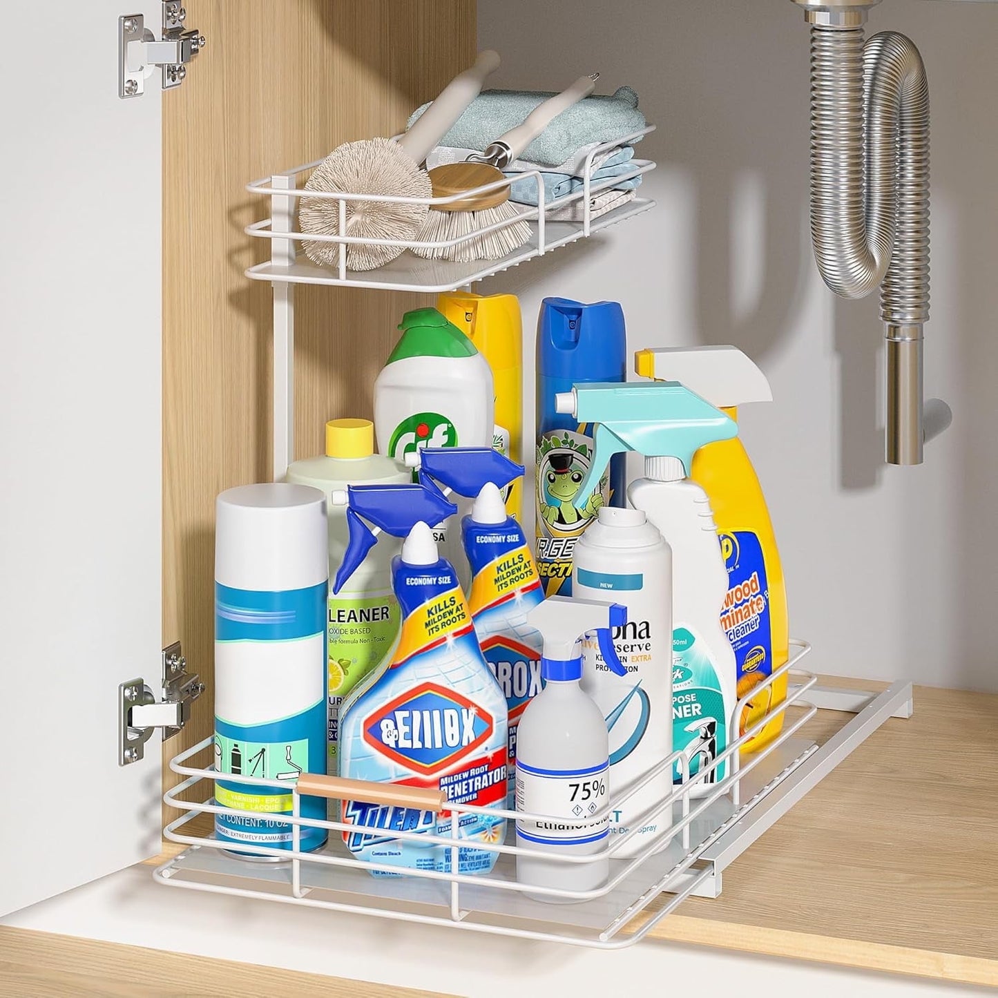LAMU Under Sink Organizers and Storage, 2 Tier Kitchen Bathroom Cabinet Organizers and Storage, Pull Out Under Sink Storage Kitchen Shelf Organizer for Under Counter Storage Organizer, White