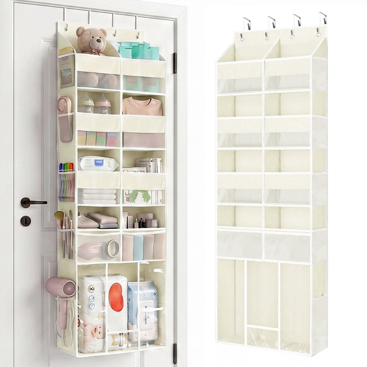 LazySpin 5 Tier Over The Door Organizer and Storage, 80lbs Capacity with Extra Large Pocket Hanging Organizer for Bathroom, Bedroom, Closet, 60inch H, Off-White