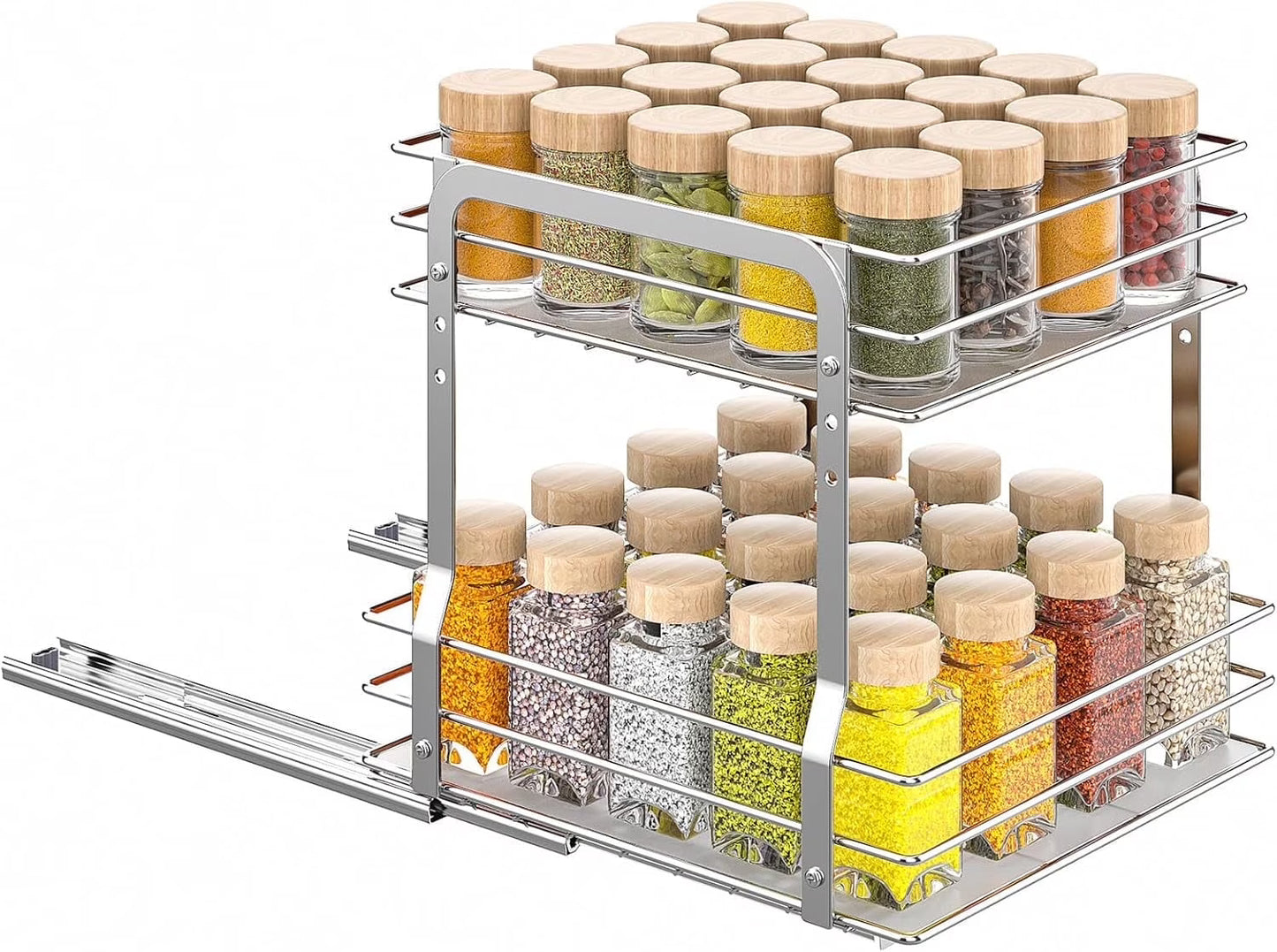 Delamu Pull Out Spice Organizer for Inside Cabinet, 2 Tier Spice Rack Organization for Cabinet, 9.65"W x 10.7"D x 10.24"H, Slide Out Seasoning Organizer, Silver