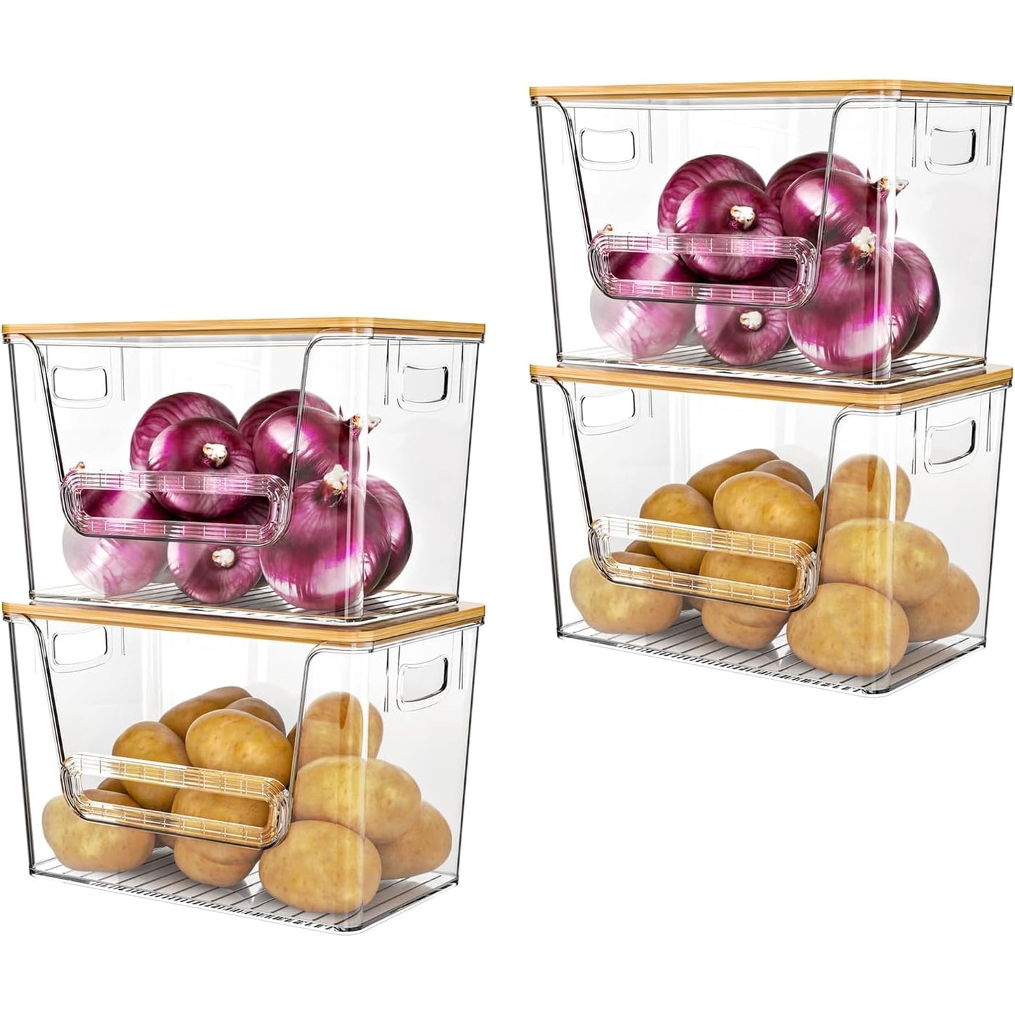 Potato Storage Bin, Onion Holder Stackable Kitchen Pantry Organizer with Bamboo Lid 4 Pack, Clear