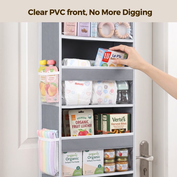 1 Pack 5 Tier Over The Door Organizer, Hanging Storage Organizer with Clear PVC Window, 40lb Large Capacity Room Organizer for Pantry Laundry Bathroom Nursery Closet Essential, Gray