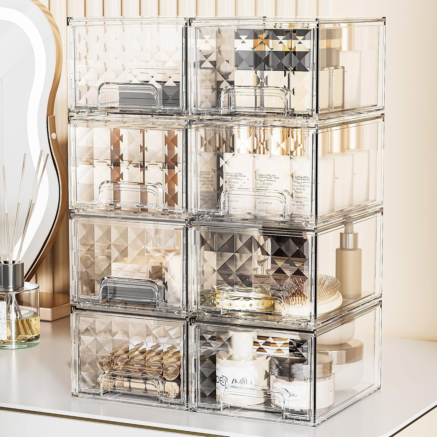 Delamu 8-Pack Stackable Storage Drawers, Makeup Skincare Holder Vanity Storage Organizer, Plastic Storage Bins for Bathroom, Clear