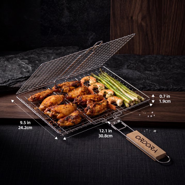 Delamu Fish Grilling Basket, Portable Stainless Steel BBQ Grill Basket for Fish Vegetables Shrimp with Detachable Handle