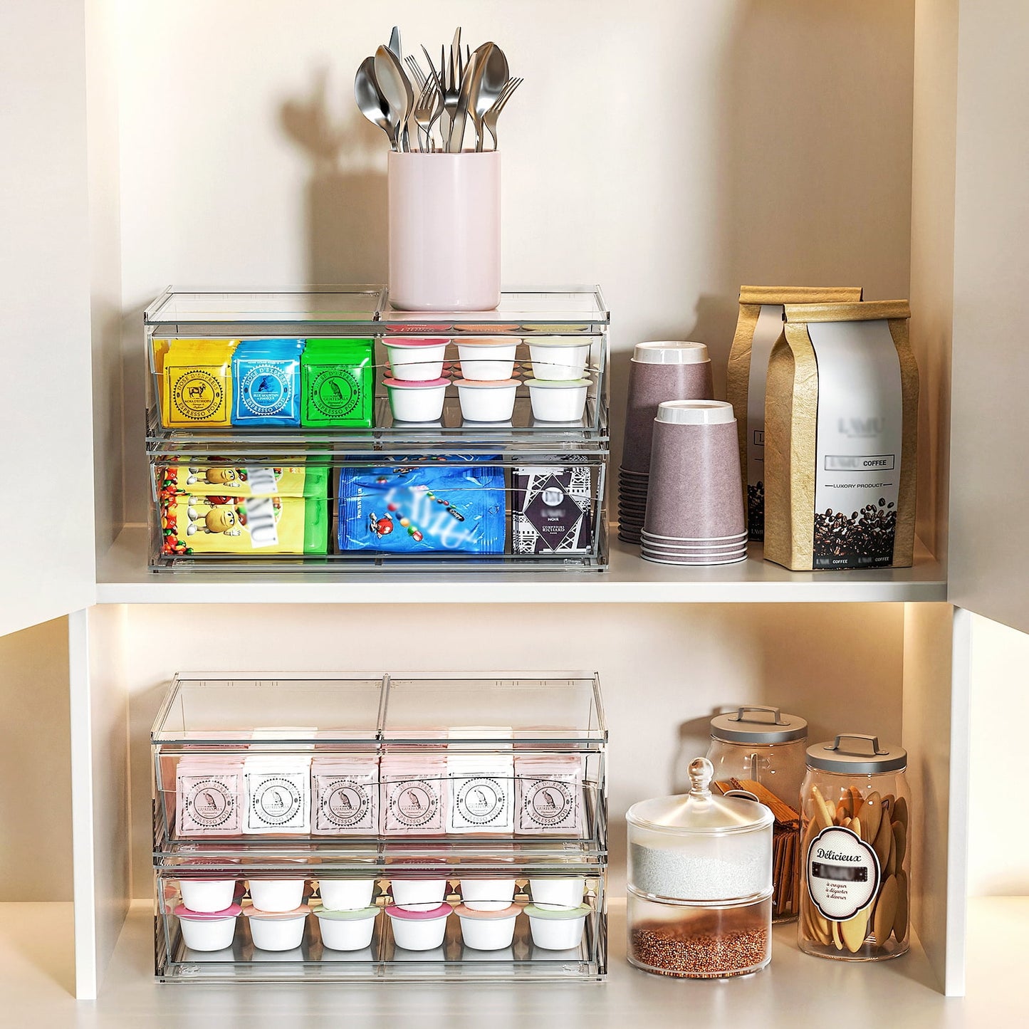 Delamu 12.2''W Stackable Storage Drawers, Clear Acrylic Drawer Modular Bathroom Organizers, 2pcs