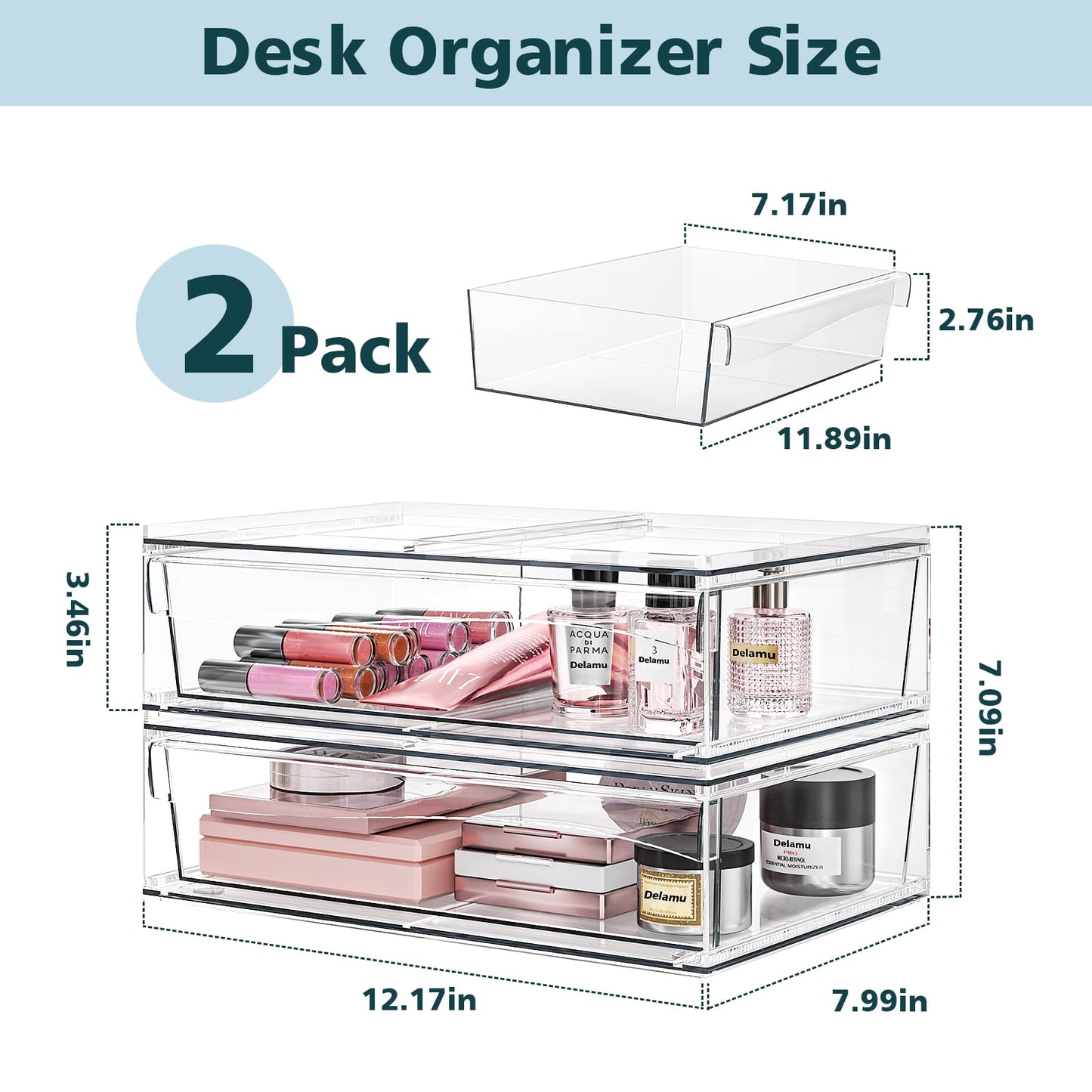 Delamu 12.2''W Stackable Storage Drawers, Clear Acrylic Drawer Modular Bathroom Organizers, 2pcs