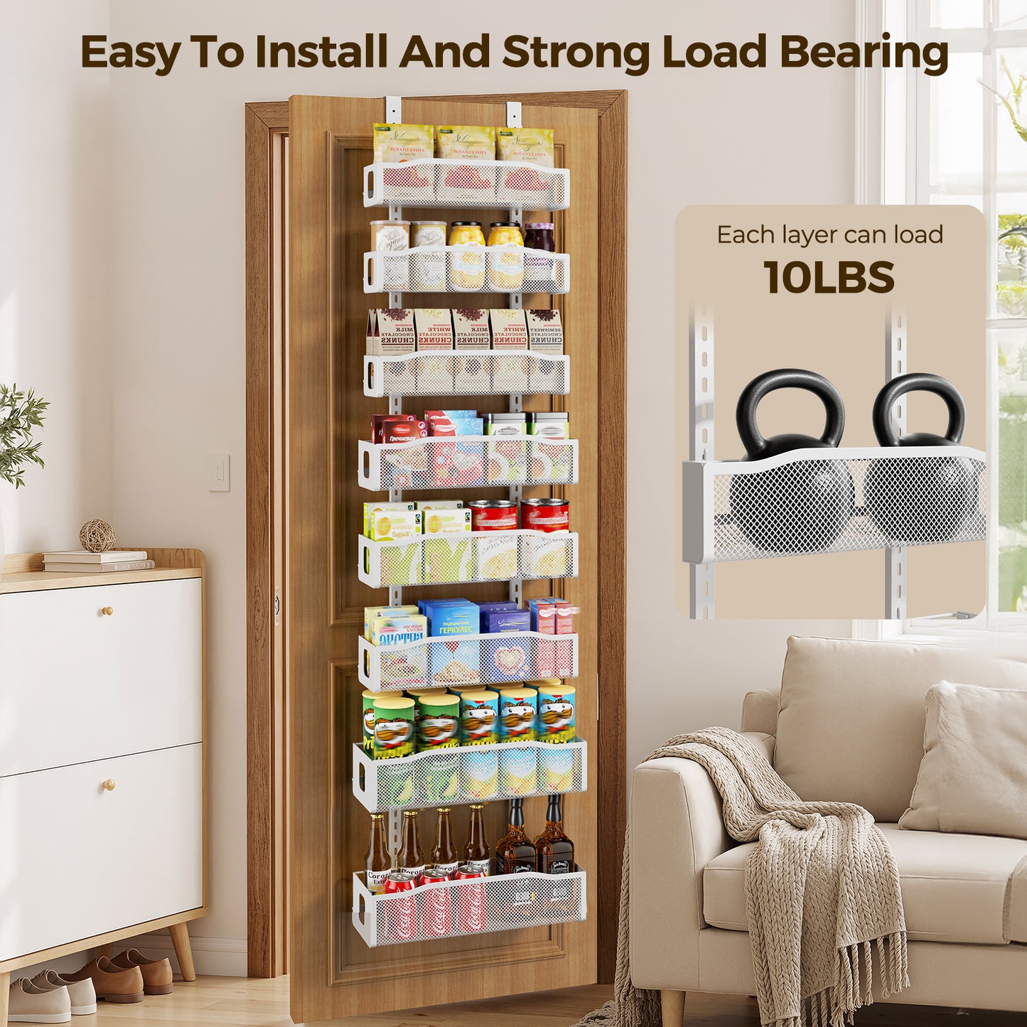 Delamu Over the Doors Pantry Organizer Rack 74'H with Adjustable Baskets, 8 Tiers Dual-Use Hanging or Door Mount Spice Rack Organizer, White