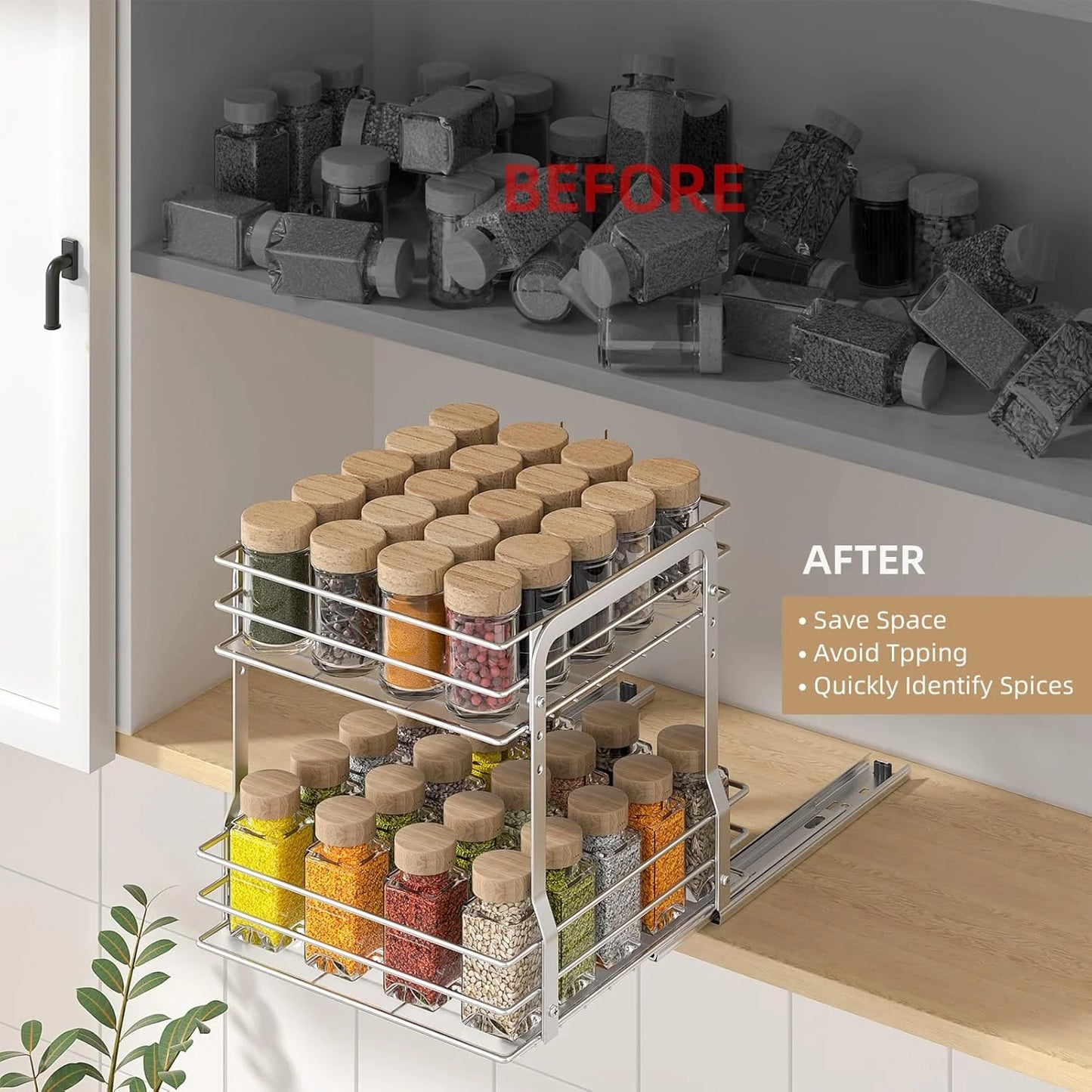 Delamu Pull Out Spice Organizer for Inside Cabinet, 2 Tier Spice Rack Organization for Cabinet, 9.65"W x 10.7"D x 10.24"H, Slide Out Seasoning Organizer, Silver