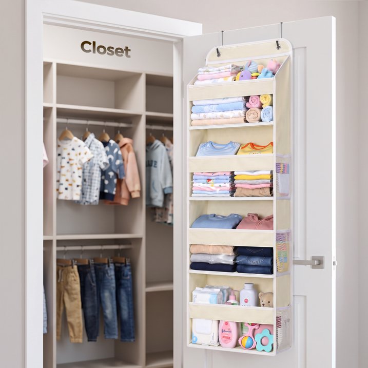 4 Tier Over The Door Organizer, LazySpin Bathroom Door Organizer Hanging with Clear PVC Window for Laundry Nursery Closet Essential, Off-white