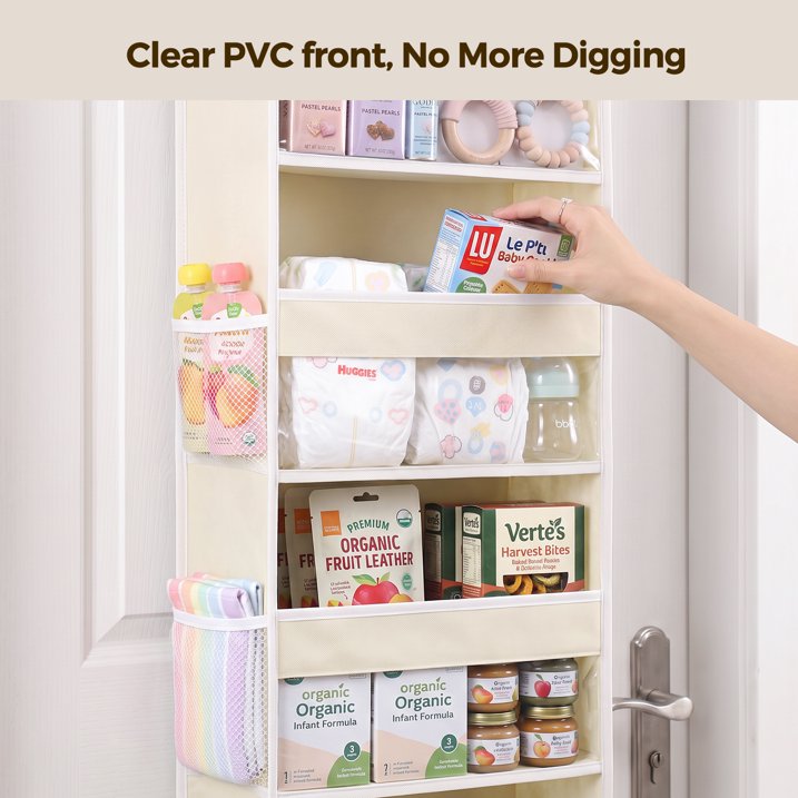 1 Pack 5 Tier Over The Door Organizer, Hanging Storage Organizer with Clear PVC Window, 40lb Large Capacity Room Organizer for Pantry Laundry Bathroom Nursery Closet Essential, Off-white