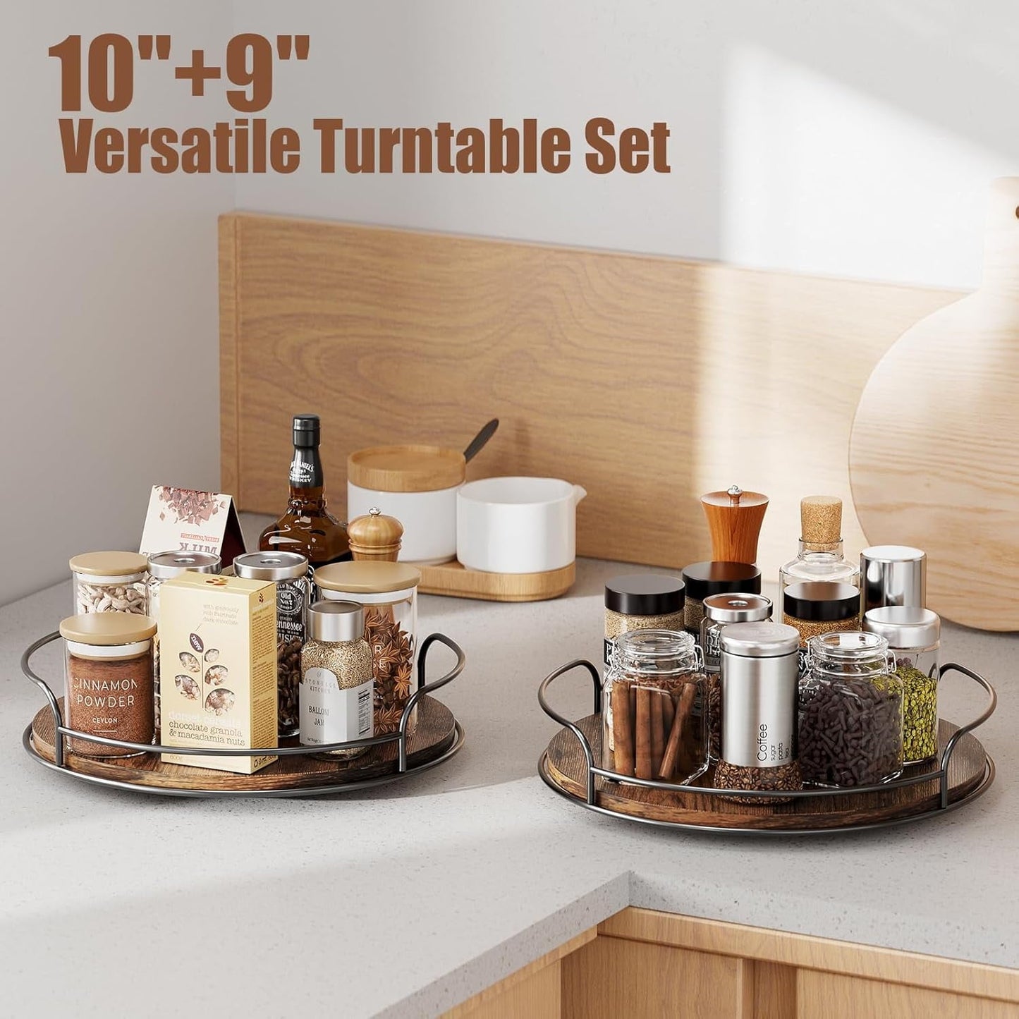LAMU 2 Pack Wooden Lazy Susan Turntable Storage, 9inch+10inch Bamboo Lazy Susan Cabinet, Dining Table, Storage Room, Countertop, Cabinet, Kitchen Organization