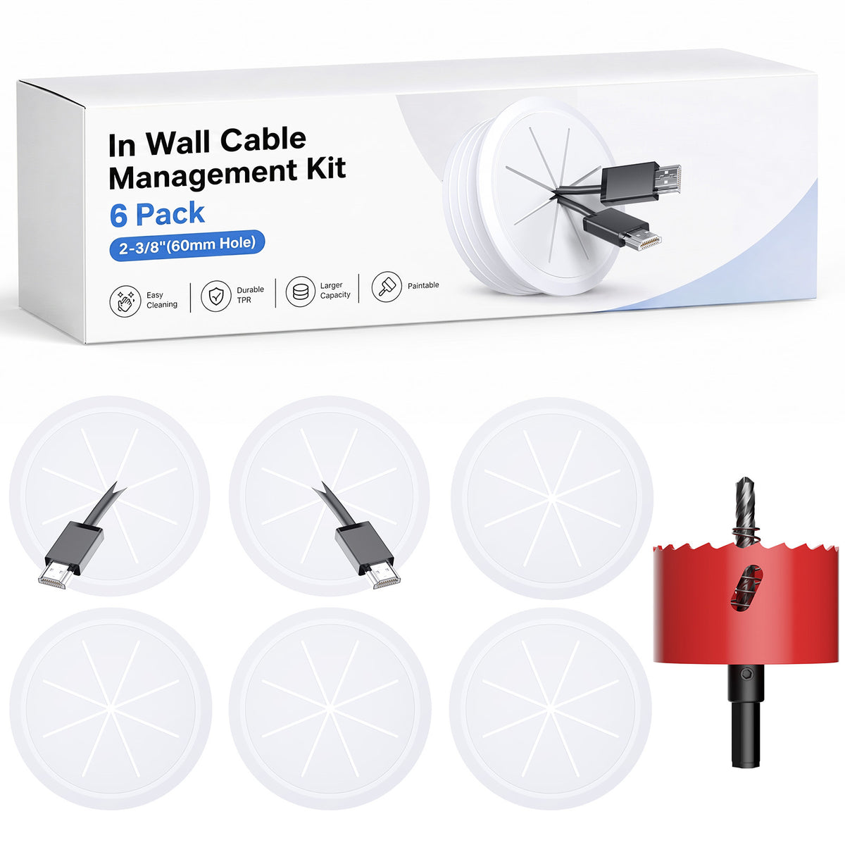 LazySpin TV Cord Hider for Wall Mounted TV, 2-3/8" Diameter White Cable Management Kit, Drywall Hole Saw Attachment