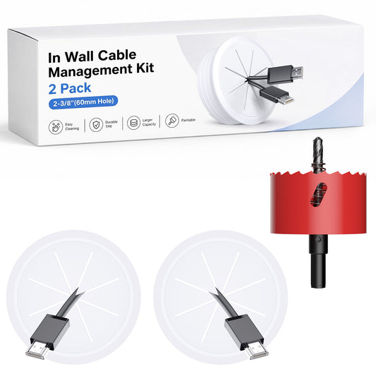 LazySpin TV Cord Hider for Wall Mounted TV, 2-3/8" Diameter White Cable Management Kit, Drywall Hole Saw Attachment