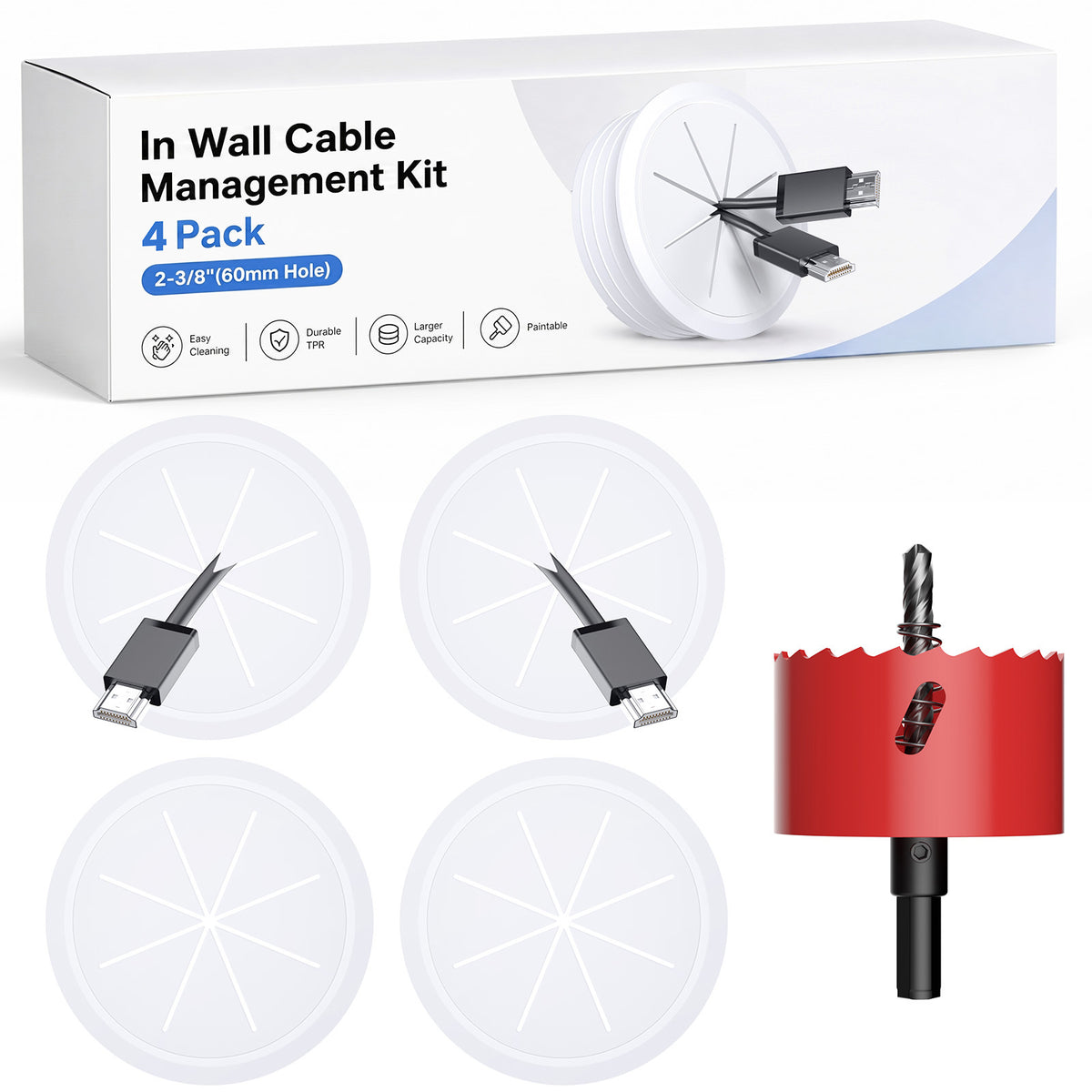 LazySpin TV Cord Hider for Wall Mounted TV, 2-3/8" Diameter White Cable Management Kit, Drywall Hole Saw Attachment