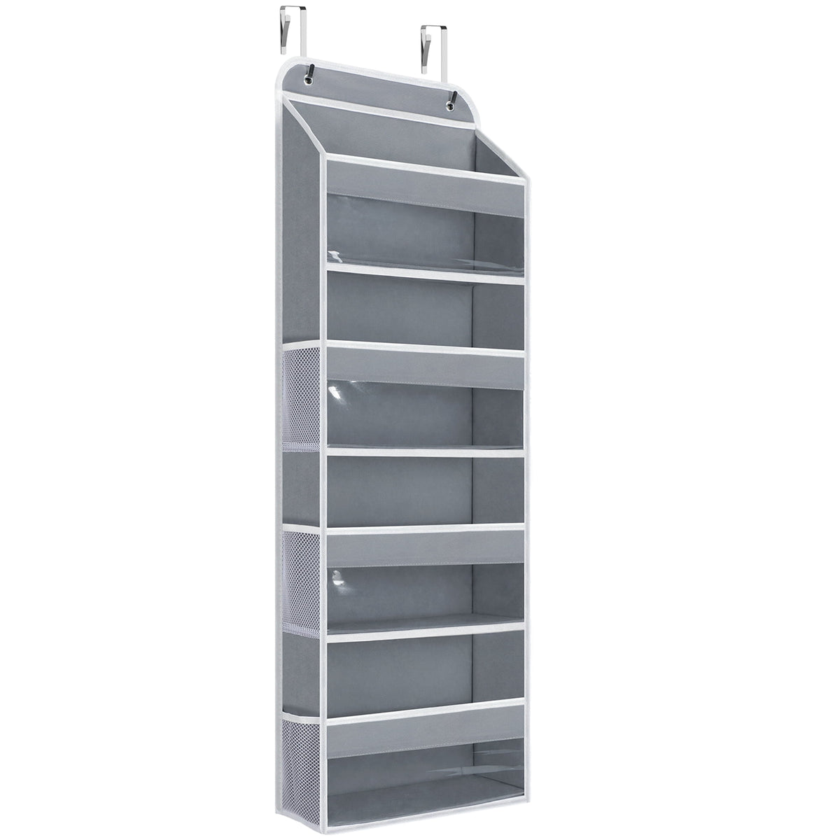 4 Tier Over The Door Organizer, LazySpin Bathroom Door Organizer Hanging with Clear PVC Window for Laundry Nursery Closet Essential, Gray